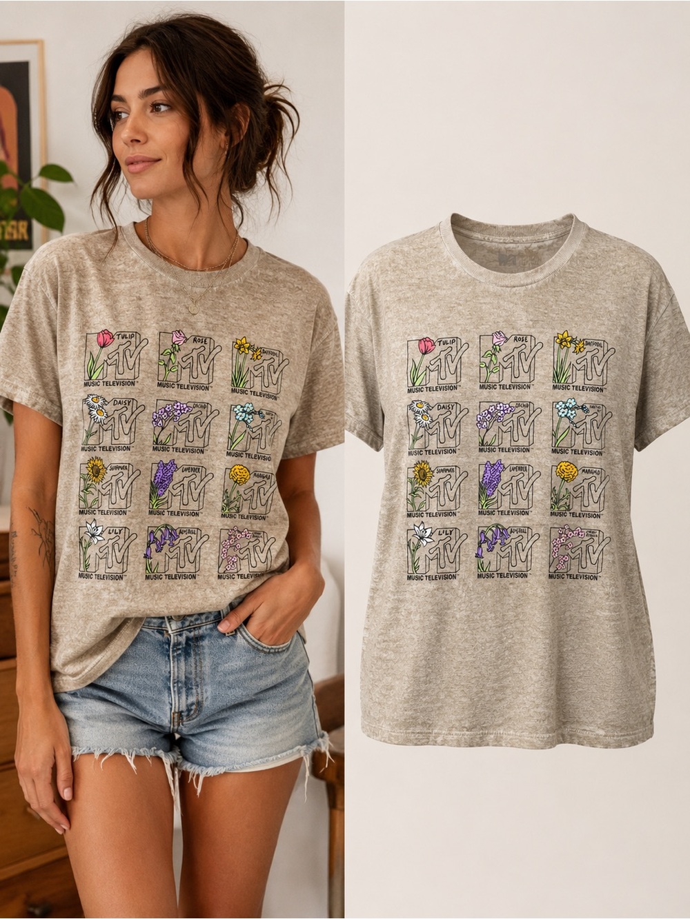 MTV Floral Graphic Tee | Y2K Aesthetic | Cottagecore Flowers | 100% Cotton | M - Picture 1 of 6